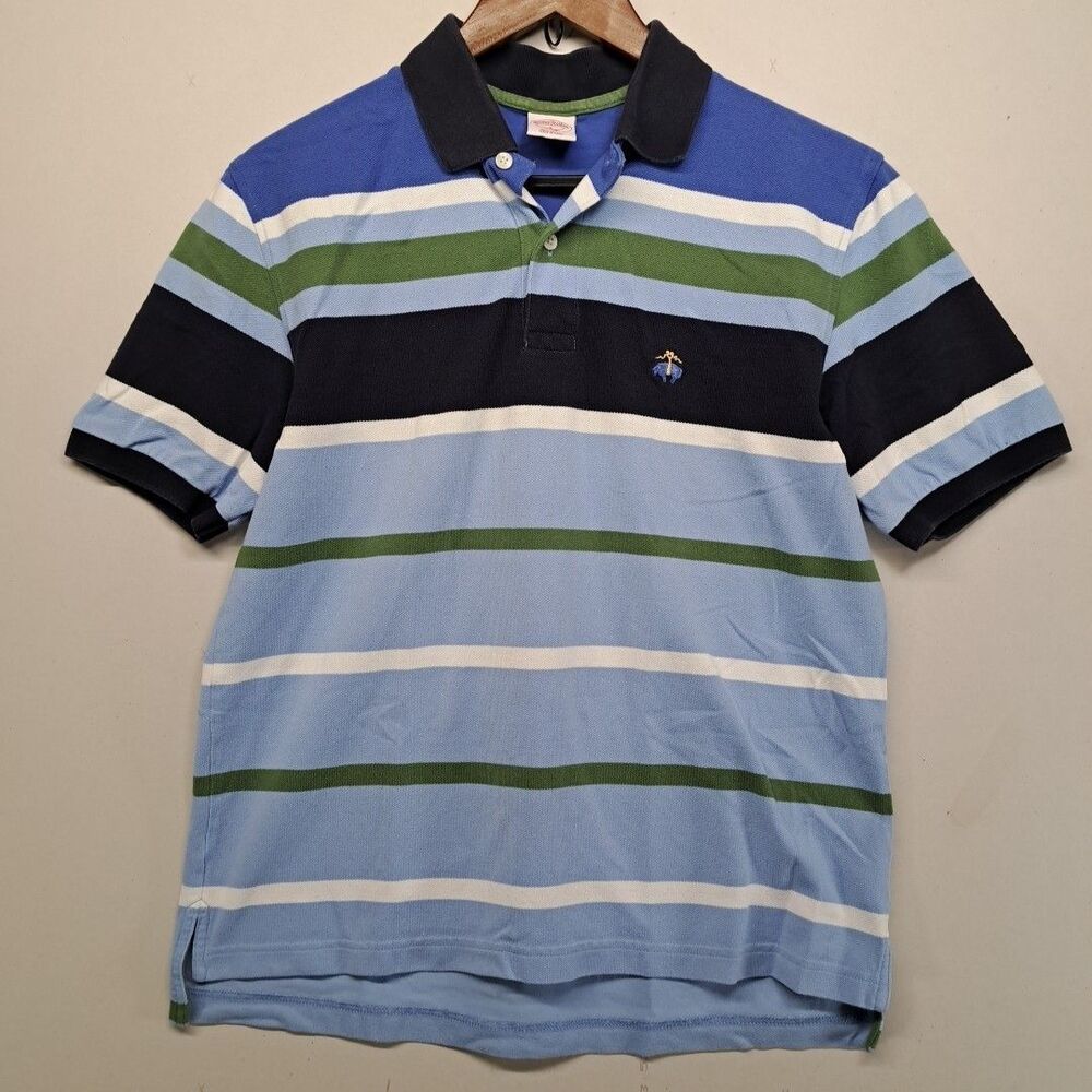 Brooks Brothers 346 Mens Small S Polo Shirt Blue Green Striped Short Sleeve